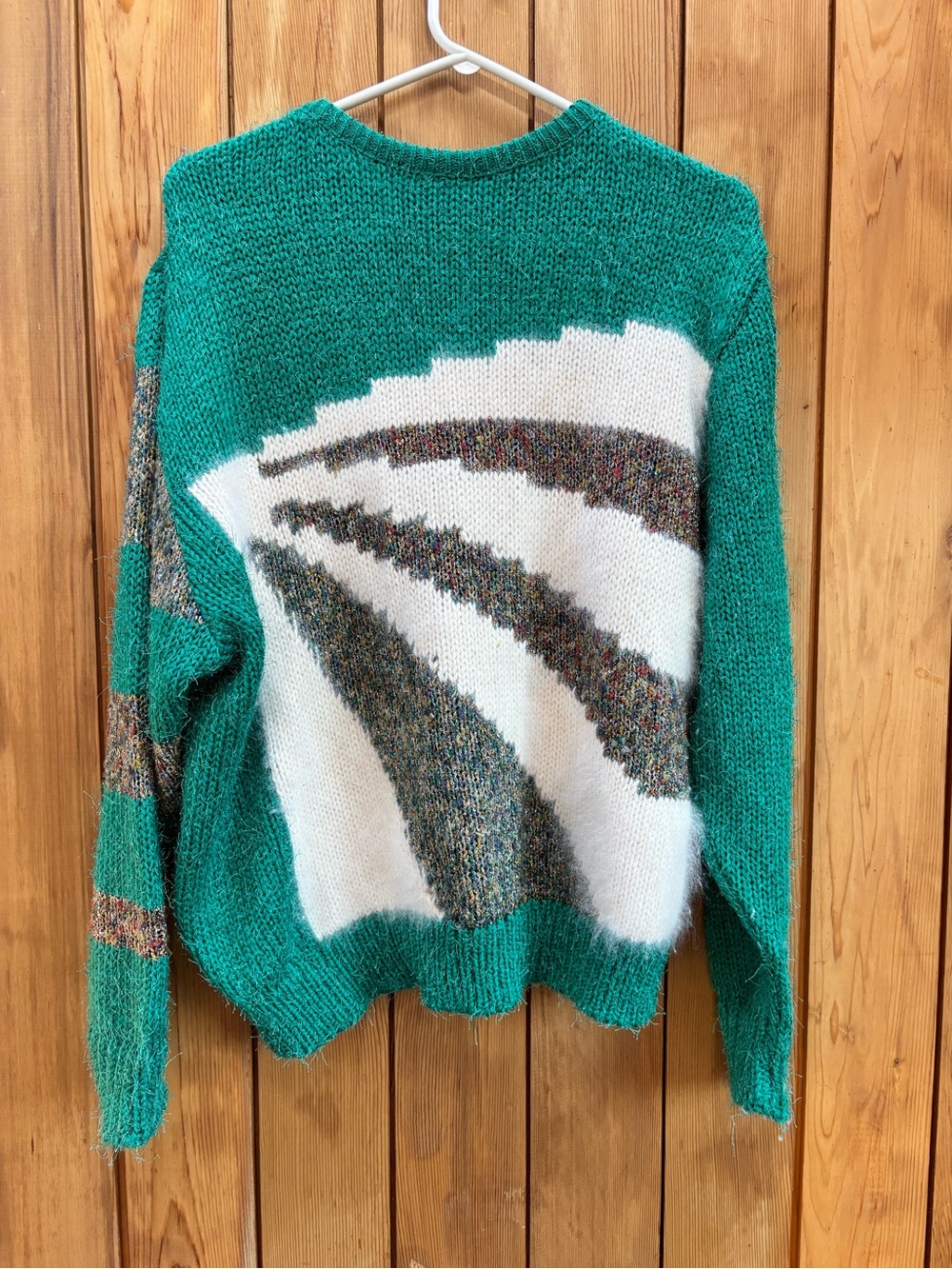 Vintage 80s Teal Geometric Sunburst Knit Sweater Fuzzy Metallic Size M/L